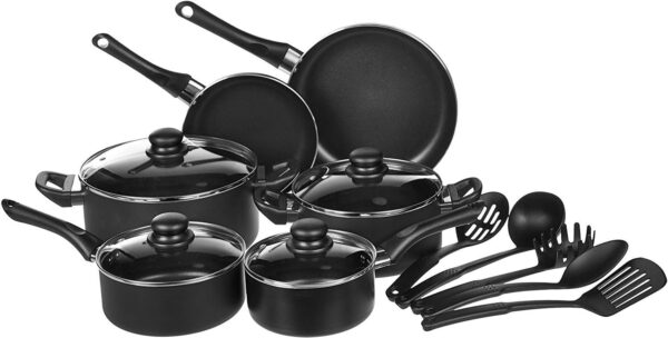 Amazon Basics Non-Stick Cookware Set, Pots, Pans and Utensils - 15-Piece Set & 18-Piece Kitchen Dinnerware Set, Dishes, Bowls, Service for 6, White - Image 2