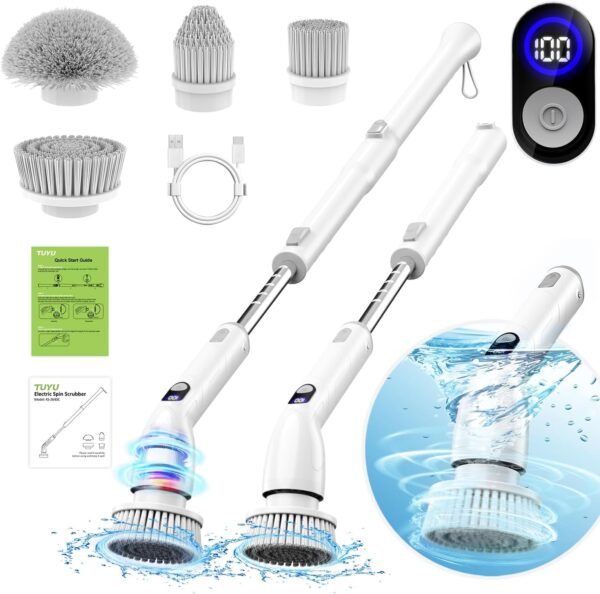 TUYU Electric Spin Scrubber, 2024 New Full-Body IPX7 Waterproof Bathroom Scrubber with Power LCD Display, Adjustable Extension Handle, Cordless Electric Cleaning Brush for Bathroom, Kitchen Cleaning - Image 2