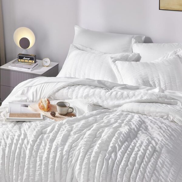 CozyLux Queen Bed in a Bag White Seersucker Comforter Set with Sheets 7-Pieces All Season Bedding Sets with Comforter, Pillow Sham, Flat Sheet, Fitted Sheet and Pillowcase - Image 3