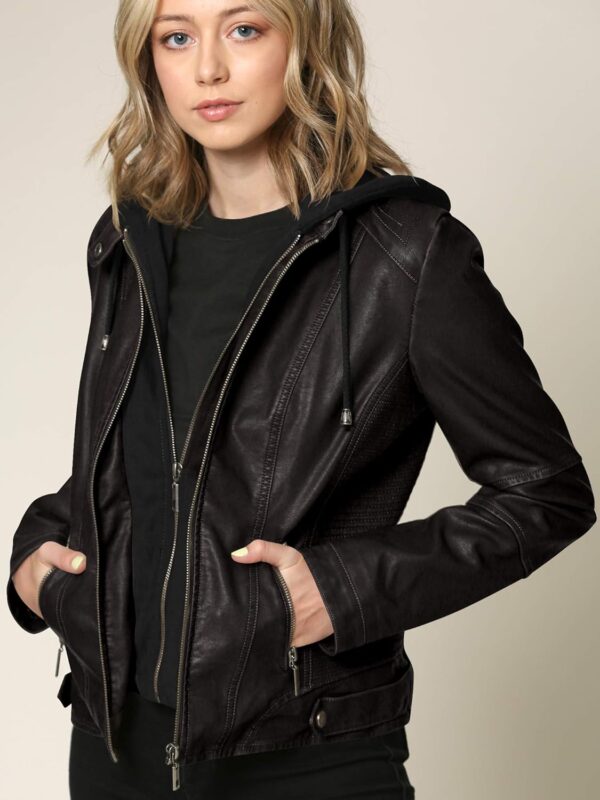 Lock and Love Women's Removable Hooded Faux Leather Jacket Moto Biker Coat - Image 7