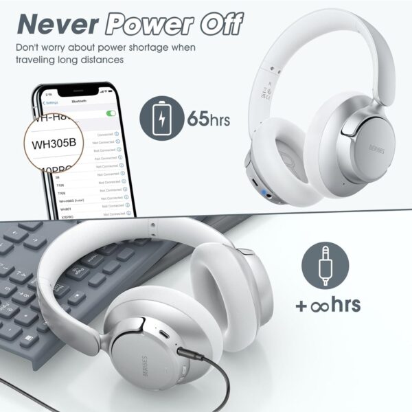 BERIBES Hybrid ANC Bluetooth Headphones with 65H Playtime, Transparent Mode, Deep Bass, Fast Charging - Silver - Image 7