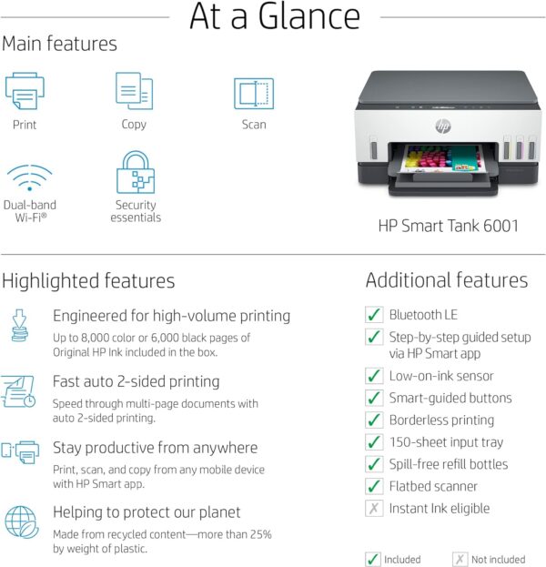 HP Smart -Tank 6001 Wireless Cartridge-Free all in one printer, this ink -tank printer comes with up to 2 years of ink included, with mobile print, scan, copy (2H0B9A) - Image 5