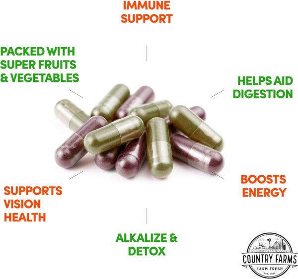 COUNTRY FARMS Fruits and Vegetables Supplement, 180 Fruit and 180 Veggie Capsules, Greens and Reds Packed with Superfoods, Powerful Antioxidants, 60 Servings - Image 7