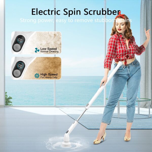 TUYU Electric Spin Scrubber, 2024 New Full-Body IPX7 Waterproof Bathroom Scrubber with Power LCD Display, Adjustable Extension Handle, Cordless Electric Cleaning Brush for Bathroom, Kitchen Cleaning - Image 3