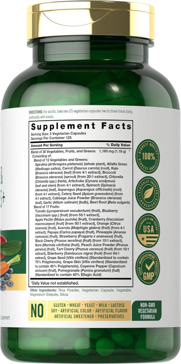 Carlyle Fruits and Veggies Supplement | 250 Capsules | Made with 30 Fruits and Vegetables | Vegetarian, Non-GMO, Gluten Free Superfood Formula - Image 3