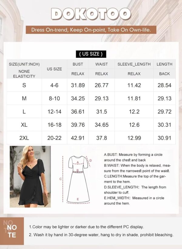 Dokotoo Women's Wrap V Neck Short Flared Sleeve Wedding Guest Dress Smocked Elastic Waist Tiered Belted Ruffle Hem Mini Dress - Image 6