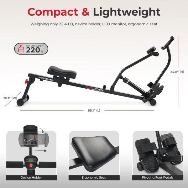 Sunny Health & Fitness Compact Adjustable Rowing Machine with 12 Levels of Complete Body Workout Resistance and Optional SunnyFit App Enhanced Connectivity - Image 6