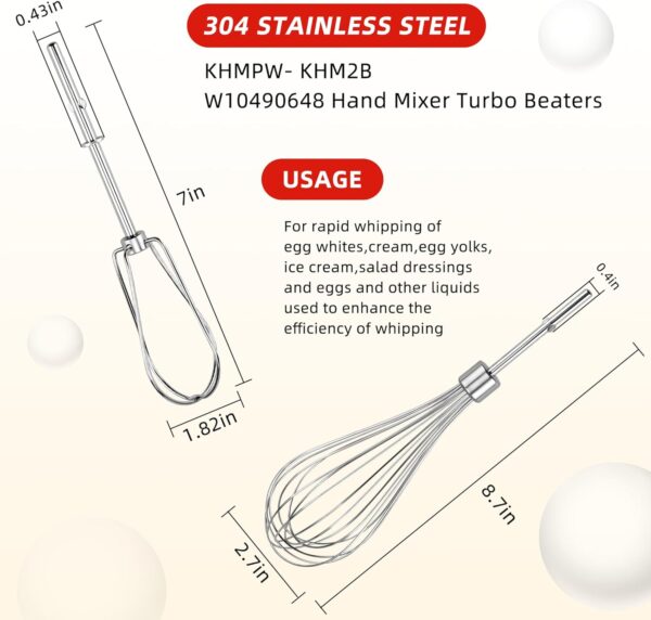 Fetechmate KHM2B W10490648 Hand Mixer Turbo Beaters (2 Pack) & KHMPW Stainless Steel Pro Whisk(2 Pack)-Replace AP5644233, PS4082859, KHM2B, KHM512BM - Image 3