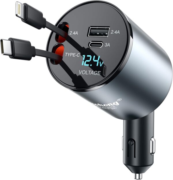 Retractable Car Charger, Upgraded 120W 4 in 1 Super Fast Charge Car Phone Charger, Retractable Cables and 2 USB Ports, Car Charger Adapter for iPhone 15/14/13/12 Pro Max XR, iPad, Samsung - Image 2