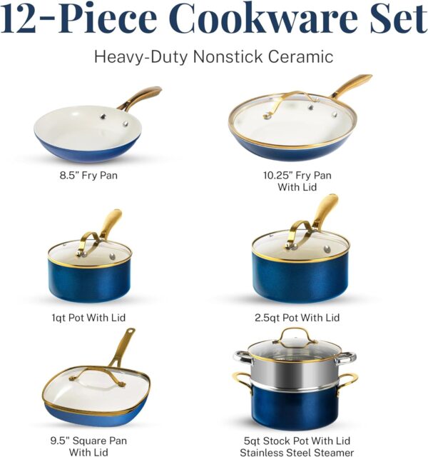 Gotham Steel 12 Pc Ceramic Pots and Pans Set Non Stick, Kitchen Cookware Sets, Pot and Pan Set, Ceramic Cookware Set, Non Toxic Cookware Set, Non Stick Pots and Pan Set, Dishwasher Safe - Cream Navy - Image 3