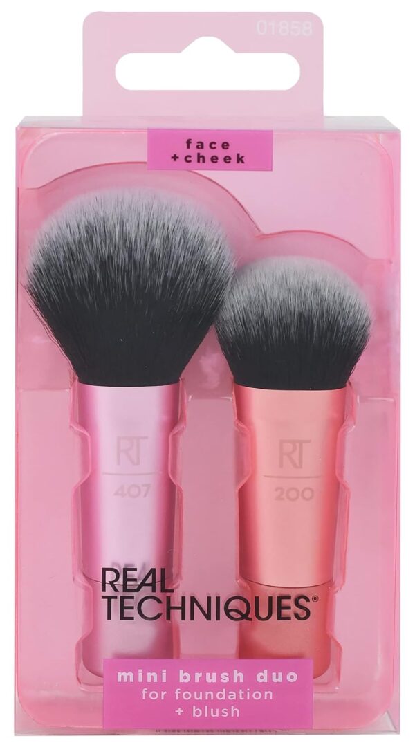 REAL TECHNIQUES Mini Brush Foundation and Blush Duo, Travel Size, For Loose Blush and Liquid Foundation, 2 Piece Set, Multicolor - Image 3