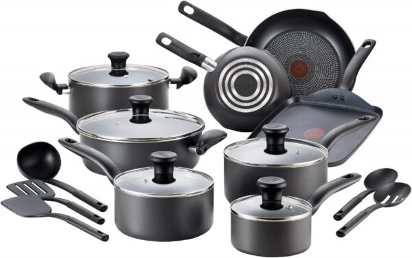 T-fal Initiatives Nonstick Cookware Set 18 Piece Oven Safe 350F Pots and Pans, Dishwasher Safe Black - Image 2