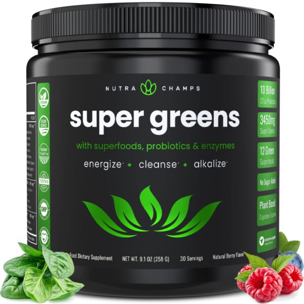 NutraChamps Super Greens Powder Premium Superfood | 20+ Organic Green Veggie Whole Foods | Wheat Grass, Spirulina, Chlorella & More | Antioxidant, Digestive Enzyme & Probiotic Blends - Image 2