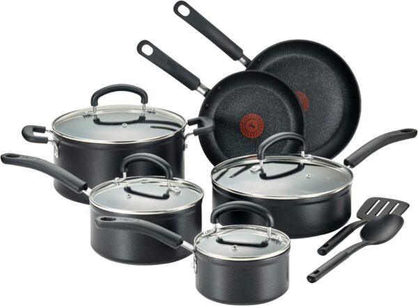 T-fal Advanced Nonstick Cookware Set 12 Piece, Oven Broiler Safe 350F, Kitchen Cooking Set W/ Fry Pans, Saucepans, Deep Saute, Dutch Oven & Kitchen Utensils, Pots and Pans, Dishwasher Safe, Black - Image 2