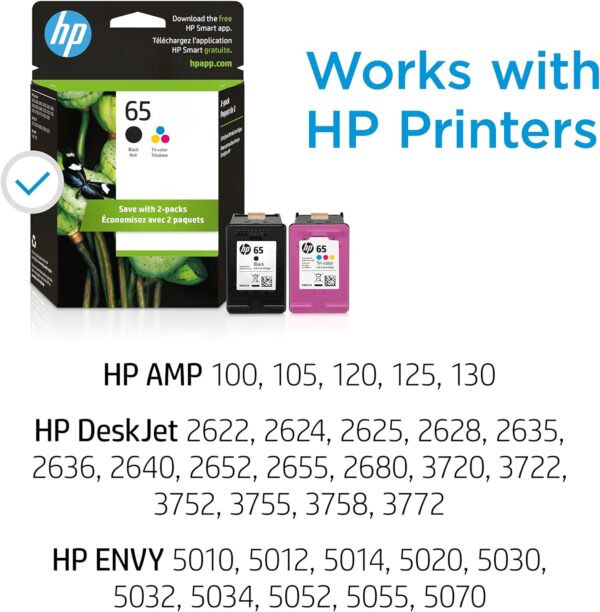 HP 65 Black/Tri-color Ink Cartridges (2-pack) | Works with HP AMP 100 Series, HP DeskJet 2600, 3700 Series, HP ENVY 5000 Series | Eligible for Instant Ink | T0A36AN - Image 3