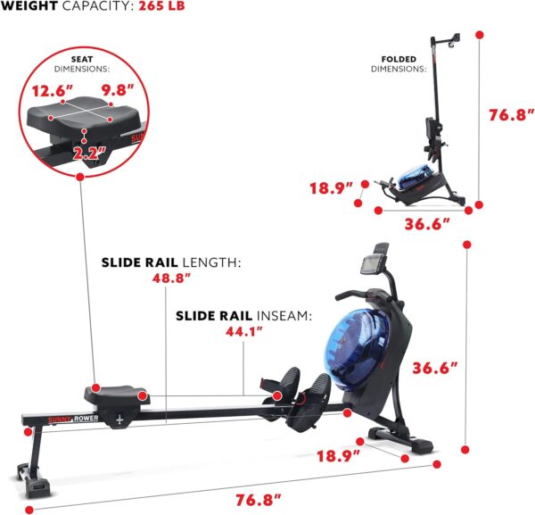 Sunny Health & Fitness Elite Water Rowing Machine with High Resistance Vertical Tank, Optional Exclusive Bluetooth SunnyFit App - Image 7