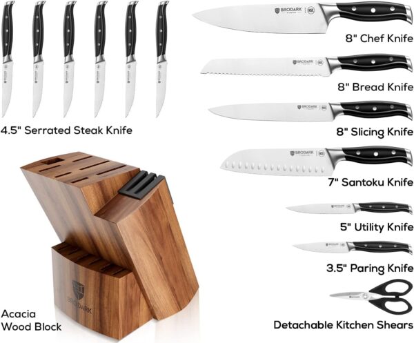 BRODARK Kitchen Knife Set with Block, Full Tang 15 Pcs Professional Chef Knife Set with Knife Sharpener, Food Grade German Stainless Steel Knife Block Set, Steel-king Series, with Gift Box - Image 7