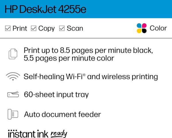 HP DeskJet 4255e Wireless All-in-One Color Inkjet Printer, Scanner, Copier, Best-for-Home, 3 Months of Ink Included (588S6A) - Image 3