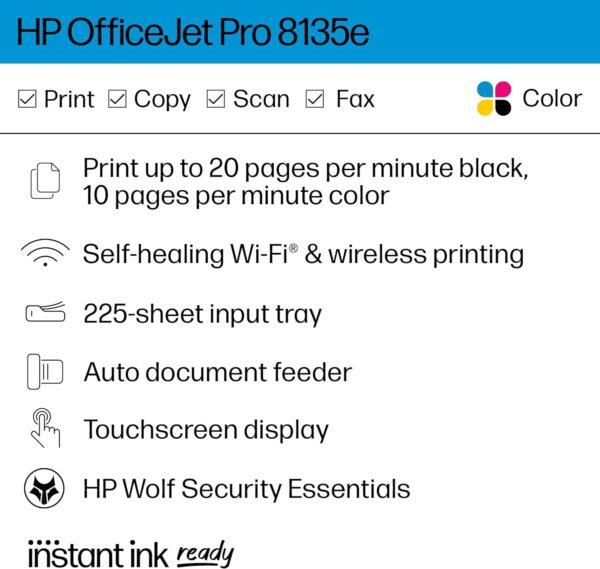 HP OfficeJet Pro 8135e All-in-One Printer, Color, Printer for Home, Print, Copy, scan, fax, Instant Ink Eligible; Automatic Document Feeder; Touchscreen; Quiet Mode; Print Over VPN - Image 3