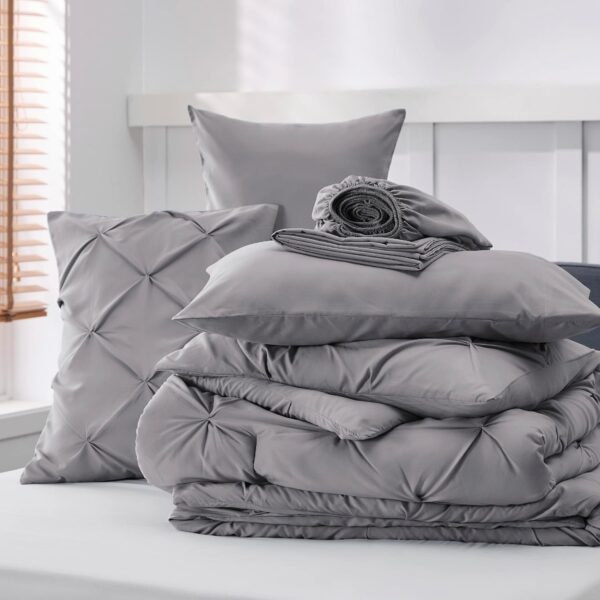 Bedsure Queen Comforter Set - 7 Pieces Comforters Queen Size Grey, Pintuck Bedding Sets Queen for All Season, Bed in a Bag with Flat Sheet and Fitted Sheet, Pillowcases & Shams - Image 10