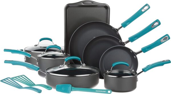 Rachael Ray Classic Brights Hard Anodized Nonstick Cookware Pots and Pans Set, 15 Piece - Agave Blue - Image 2