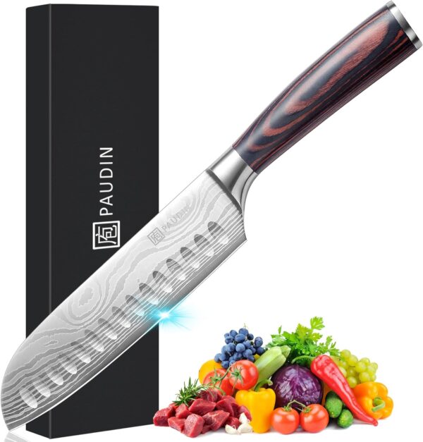 PAUDIN Santoku Knife – 7 Inch Chopping Knife, Ultra Sharp Kitchen Knife - Forged High Carbon German Stainless Steel, Chef Knife with Ergonomic Handle Design, Gifts for Women and Men - Image 2