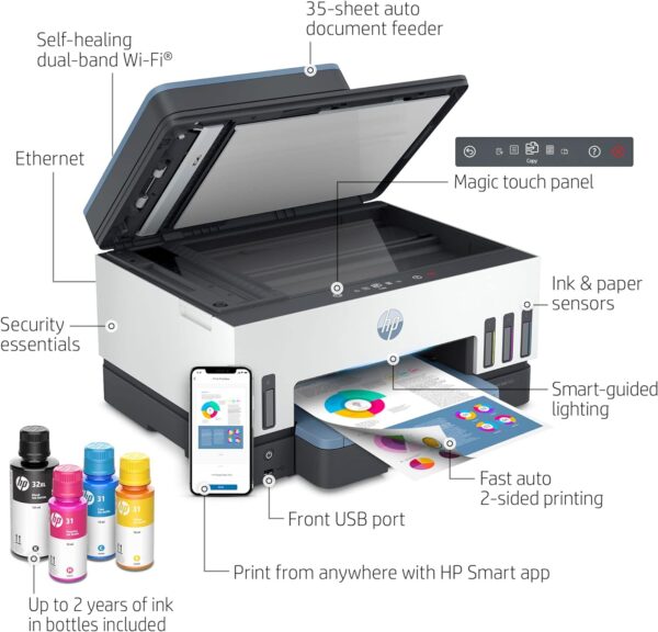 HP Smart -Tank 7602 Wireless Cartridge-free all in one printer, up to 2 years of ink included, mobile print, scan, copy, fax, auto doc feeder, featuring an app-like magic touch panel (28B98A) - Image 5