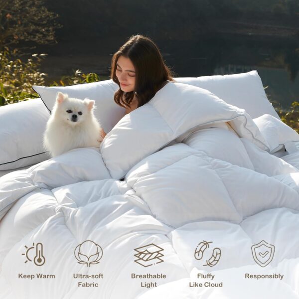 DWR Luxury Feathers Down Comforter Full/Queen, Hotel-Style Fluffy Duvet Insert, Ultra-Soft Egyptian Cotton Fabric, 750 Fill Power 46oz Medium Weight for All Season(90x90, White) - Image 4