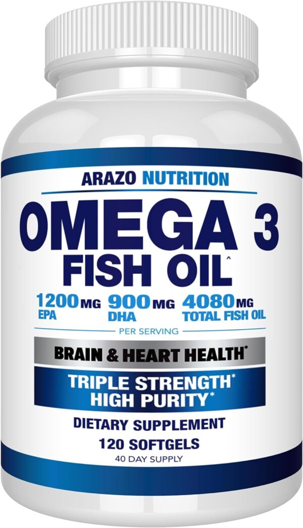 Arazo Nutrition Wild Caught Omega 3 Fish Oil – 120 Soft Gels – 4,080mg High EPA 1200mg DHA 900mg Lemon Flavor Burpless Softgels - Image 2