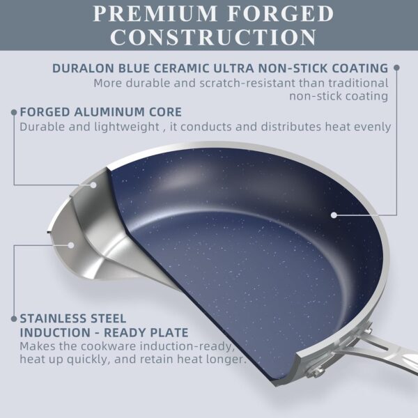 Nuwave Healthy Duralon Blue Ceramic Nonstick Cookware Set, Diamond Infused Scratch-Resistant, PFAS Free, Dishwasher & Oven Safe, Induction Ready & Evenly Heats, Tempered Glass Lids & Stay-Cool Handles - Image 4