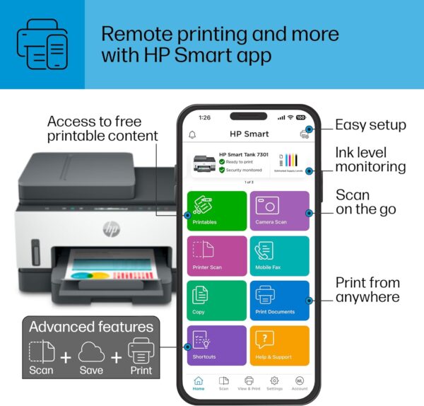 HP Smart -Tank 7301 Wireless All-in-One Cartridge-free Ink Printer, up to 2 years of ink included, mobile print, scan, copy, automatic document feeder (28B70A), Gray - Image 6