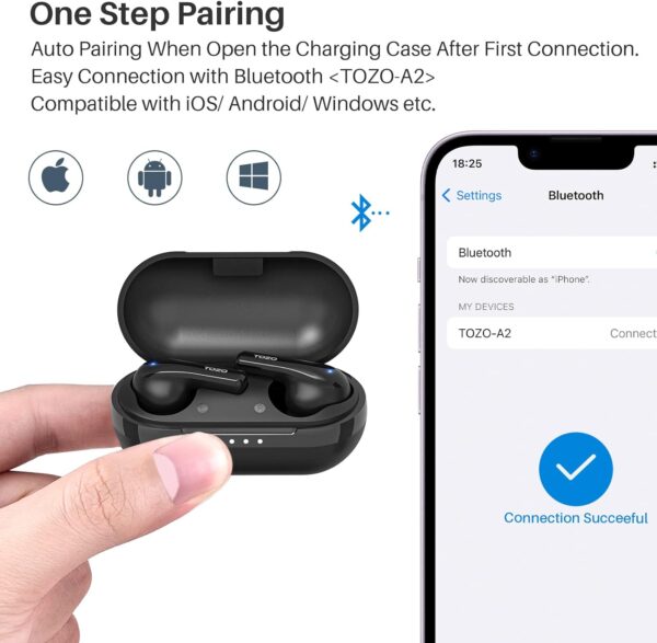 TOZO A2 Mini Wireless Earbuds Bluetooth 5.3 in Ear Light-Weight Headphones Built-in Microphone, IPX5 Waterproof, Immersive Premium Sound Long Distance Connection Headset with Charging Case, Black - Image 4