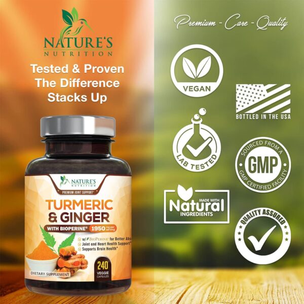 Turmeric Curcumin with BioPerine & Ginger 95% Standardized Curcuminoids 1950mg Black Pepper for Max Absorption Joint Support, Nature's Tumeric Herbal Extract Supplement, Vegan, Non-GMO - 240 Capsules - Image 4