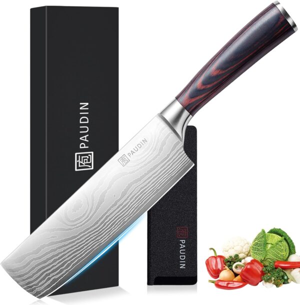 PAUDIN Nakiri Knife - 7" Razor Sharp Meat Cleaver and Vegetable Kitchen Knife, High Carbon Stainless Steel, Multipurpose Asian Chef Knife for Home and Kitchen with Ergonomic Handle - Image 2