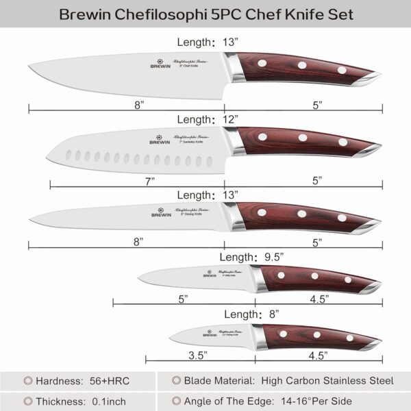 Brewin CHEFILOSOPHI Japanese Chef Knife Set 5 PCS with Elegant Red Pakkawood Handle Ergonomic Design,Professional Ultra Sharp Kitchen Knives for Cooking High Carbon Stainless Steel - Image 6