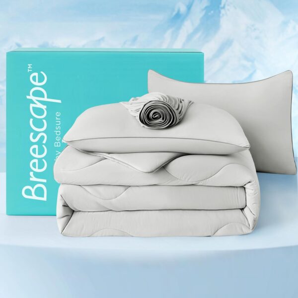 Bedsure Breescape Cooling Comforters Queen Size, Grey Cooling Blanket for Hot Sleepers, Double-Sided Cool Tech Comforter Set of 4 Pcs, Breathable Lightweight Comforter Queen Duvet Insert, 90" x 90" - Image 2