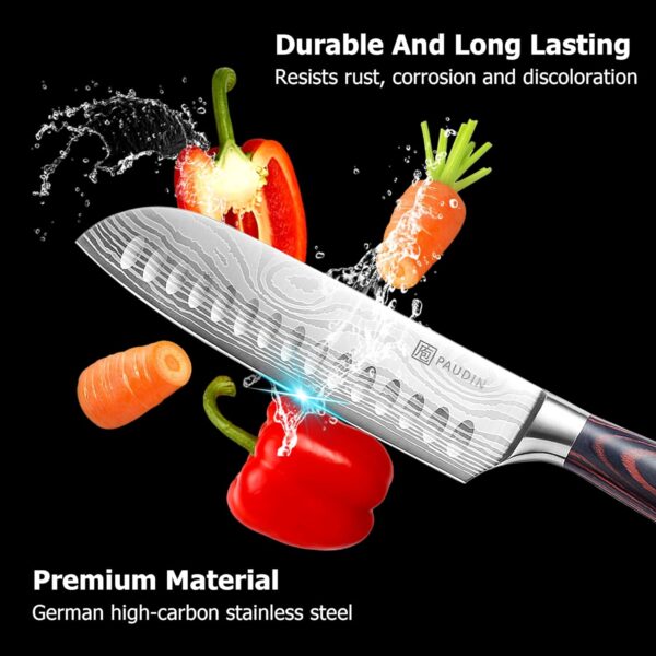 PAUDIN Santoku Knife – 7 Inch Chopping Knife, Ultra Sharp Kitchen Knife - Forged High Carbon German Stainless Steel, Chef Knife with Ergonomic Handle Design, Gifts for Women and Men - Image 9