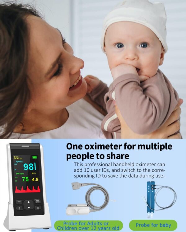 Pulse Oximeter HealthTree Handheld Pulse Oximeter Fingertip for Adult Infant and Baby, Rechargeable Fingertip Blood Oxygen Monito with Overnight Continuous Monitoring and Alarm - Image 3