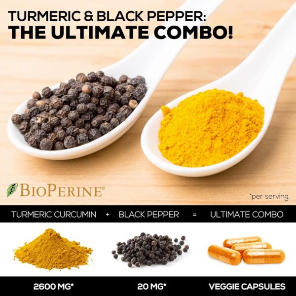 Turmeric Curcumin Supplement with BioPerine 95% Curcuminoids 2600mg with Black Pepper for Best Absorption, Bottled in USA, Best Natural Vegan Joint Support, Nature's Tumeric Capsules - 240 Capsules - Image 6