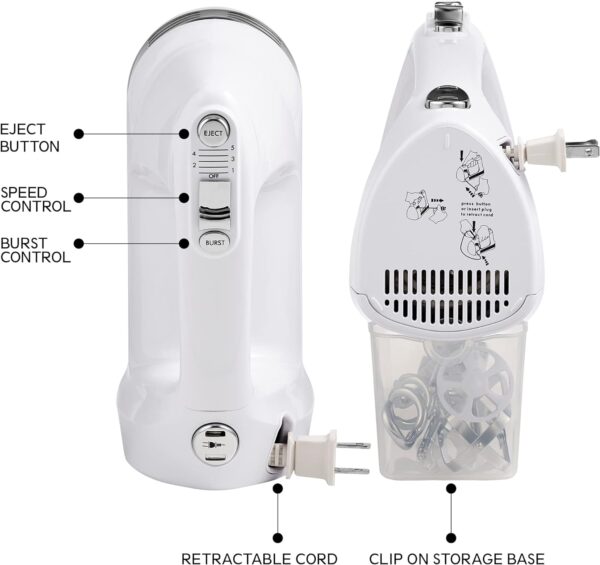 Kenmore 5-Speed Electric Hand Mixer/Blender, 250 Watts, with Beaters, Dough Hooks, Liquid Blending Rod, Automatic Cord Retract, Burst Control, and Clip-On Accessory Storage - Image 7