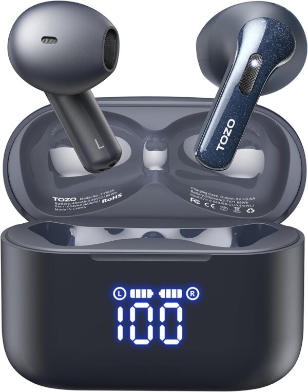 TOZO T21 Wireless Earbuds, 5.3 Bluetooth Headphone, Sem in Ear with Dual Mic Noise Cancelling, IPX8 Waterproof, 44H Playback Stereo Sound with Power Display Wireless Charging Case Blue - Image 2