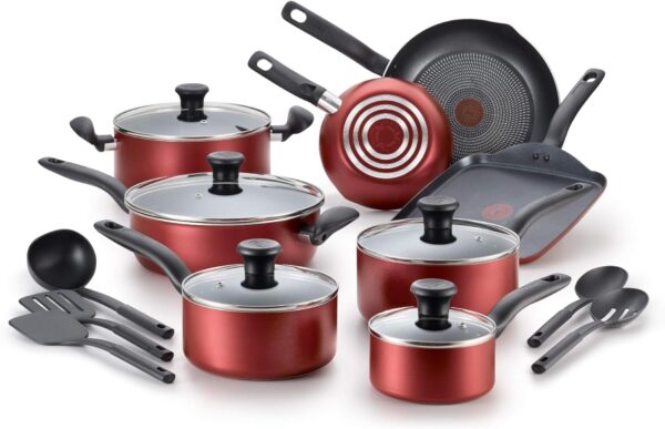 T-fal Initiatives Nonstick Cookware Set 18 Piece, Oven Broiler Safe 350F, Kitchen Cooking Set w/ Fry Pans, Saucepans, Saute Pan, Dutch Oven, Griddle, Pots and Pans, Home, Dishwasher Safe, Red - Image 2