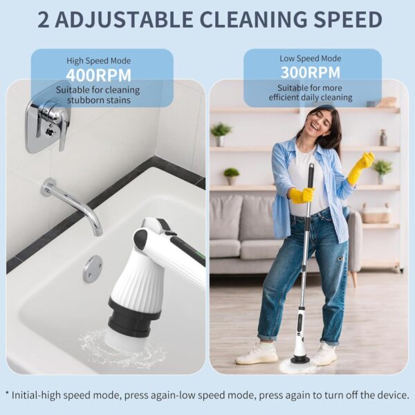 Electric Spin Scrubber, Cordless Shower Scrubber with 8 Replaceable Brush Heads, 2 Adjustable Speeds and 3 Extension Handle, 90Mins Work Time Shower Cleaning Brush for Bathroom Floor Tile Tub - Image 6