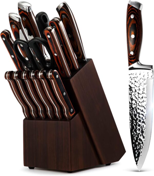 Kitchen Knife Set,15-Piece Knife Set With Block Wooden,Self Sharpening For Chef Knife Set,High Carbon Japan Stainless Steel Hammered Collection Knife Block Set with Steak Knives, Boxed Knife Set - Image 2