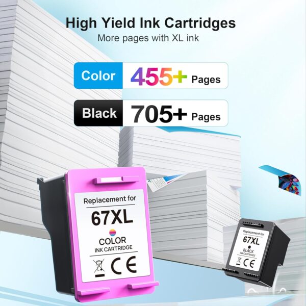 67XL Ink Cartridges Black/Color Combo Pack Replacement for HP Ink 67 67XL for HP DeskJet 2755e 2755 2700 2700e 2734e 4155e 4155 Envy 6055e 6455e 6400 6075 Envy Pro 6452 6458 Printer (2 Pack) - Image 4