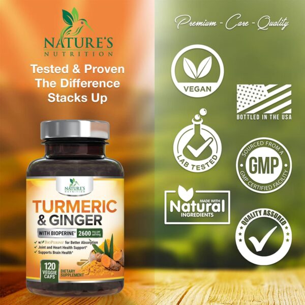 Turmeric Curcumin with BioPerine & Ginger 95% Standardized Curcuminoids 2600mg Black Pepper for Max Absorption Joint Support, Nature's Tumeric Herbal Extract Supplement, Vegan, Non-GMO - 120 Capsules - Image 6