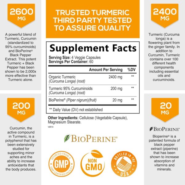 Turmeric Curcumin Supplement with BioPerine 95% Curcuminoids 2600mg with Black Pepper for Best Absorption, Bottled in USA, Best Natural Vegan Joint Support, Nature's Tumeric Capsules - 240 Capsules - Image 3