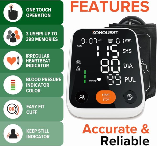 Konquest KBP-7173A Premium Automatic Upper Arm Blood Pressure Monitor with Adjustable Cuff and Large LED Display - 2 Users - Irregular Hearbeat Detector - Tensiometro - Image 4