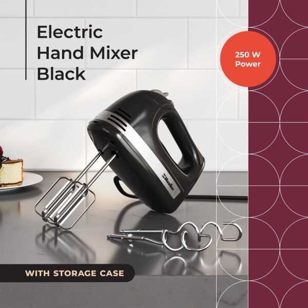 Mueller Electric Hand Mixer, 5 Speed with Snap-On Case, 250 W, Turbo Speed, 4 Stainless Steel Accessories, Beaters, Dough Hooks, Baking Supplies for Whipping, Mixing, Cookies, Bread, Cakes, Black - Image 3