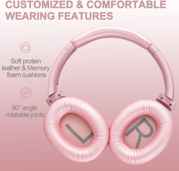 ZIHNIC Active Noise Cancelling Headphones, 40H Playtime Wireless Bluetooth Headset with Deep Bass Hi-Fi Stereo Sound,Comfortable Earpads for Travel/Home/Office (Rose Gold) - Image 3